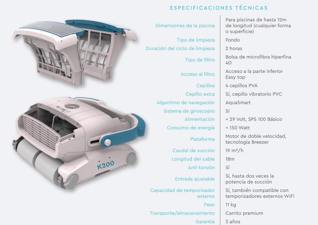 cacterísticas Técnicas Aquabot K200 - accesoriospiscinasonline.es