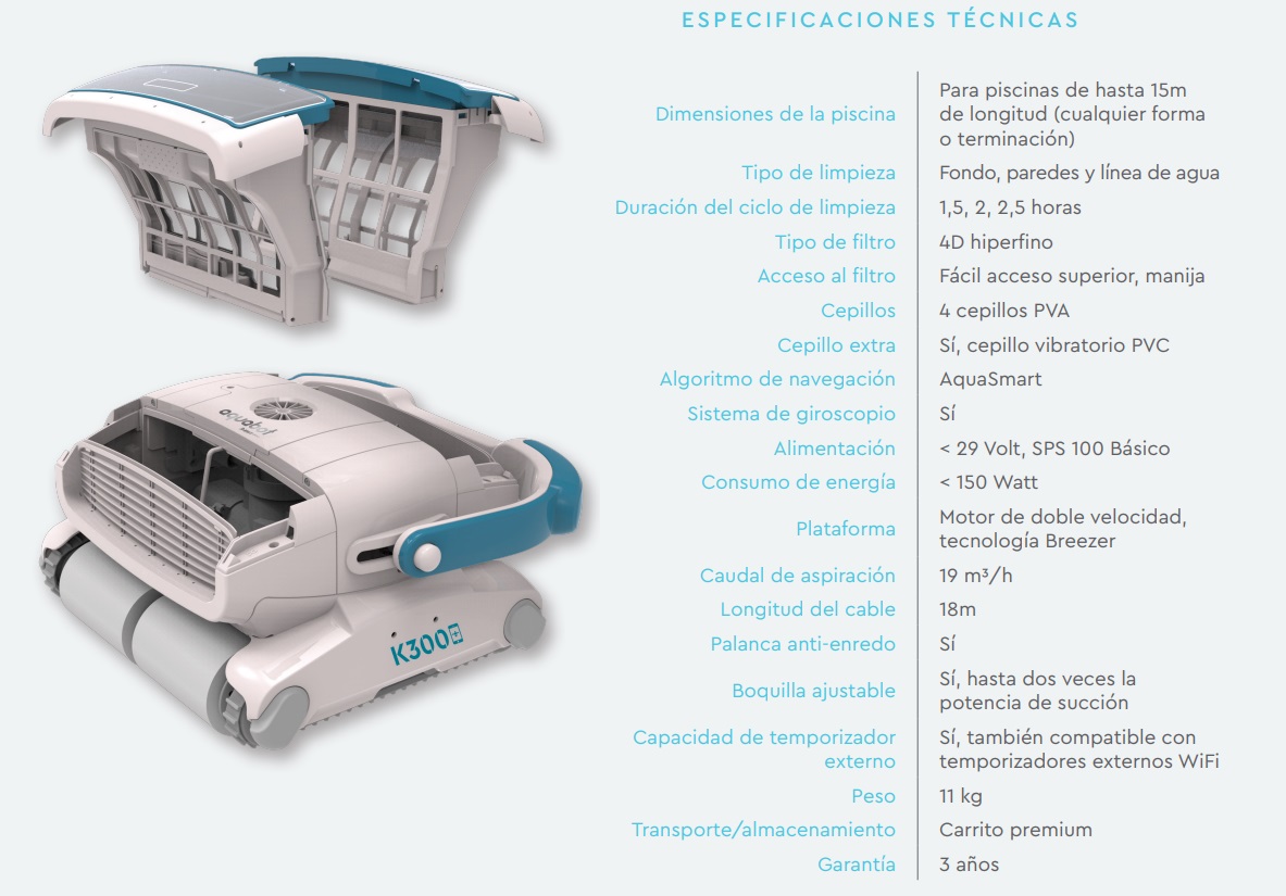Características Técnicas Aquabot K300 BWT - accesoriospiscinasonline.es